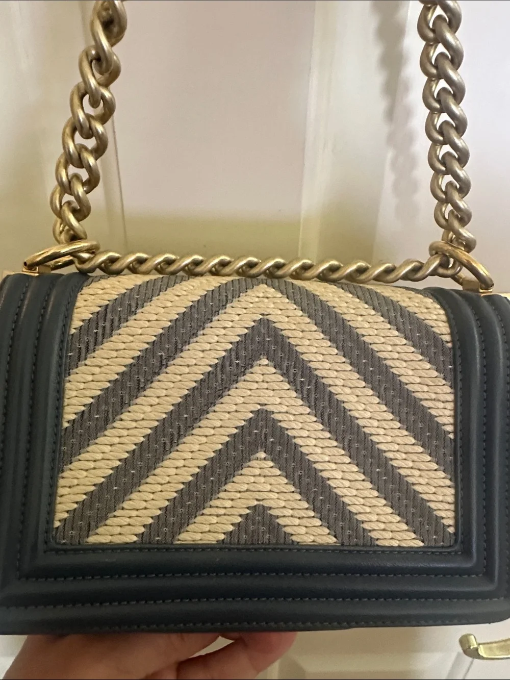 CHANEL small blue & Cream Chevron and Leather Boy Crossbody